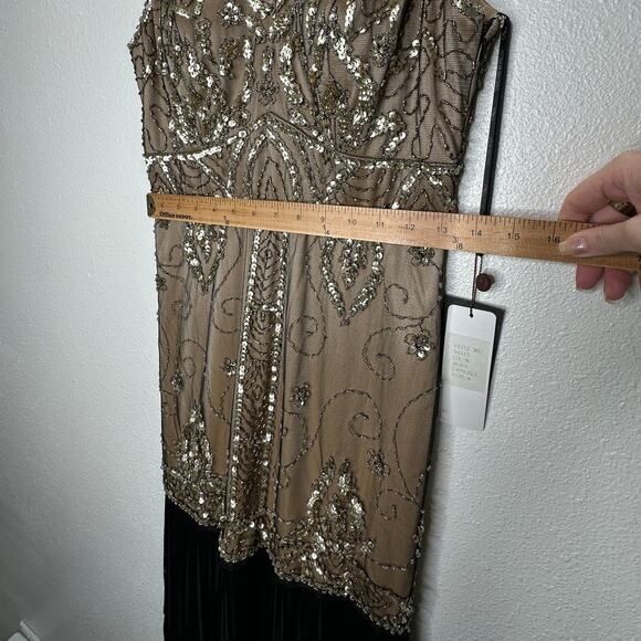 NWT Sue Wong Beaded Gold Mesh Top Black Fringe Bottom Evening Dress 8 - Picture 14 of 15